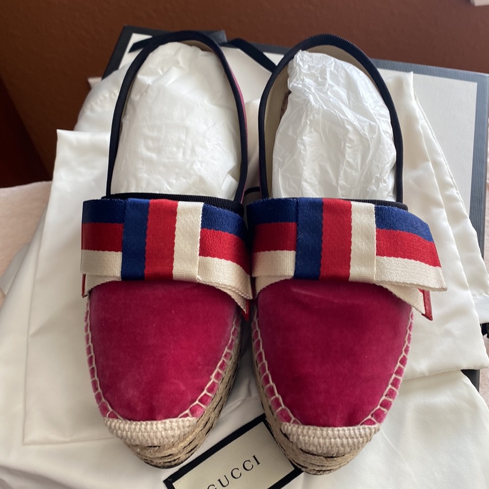 New 36.5,Gucci Shoes Gucci, Velvet Wedge Platform Espadrilles Bow